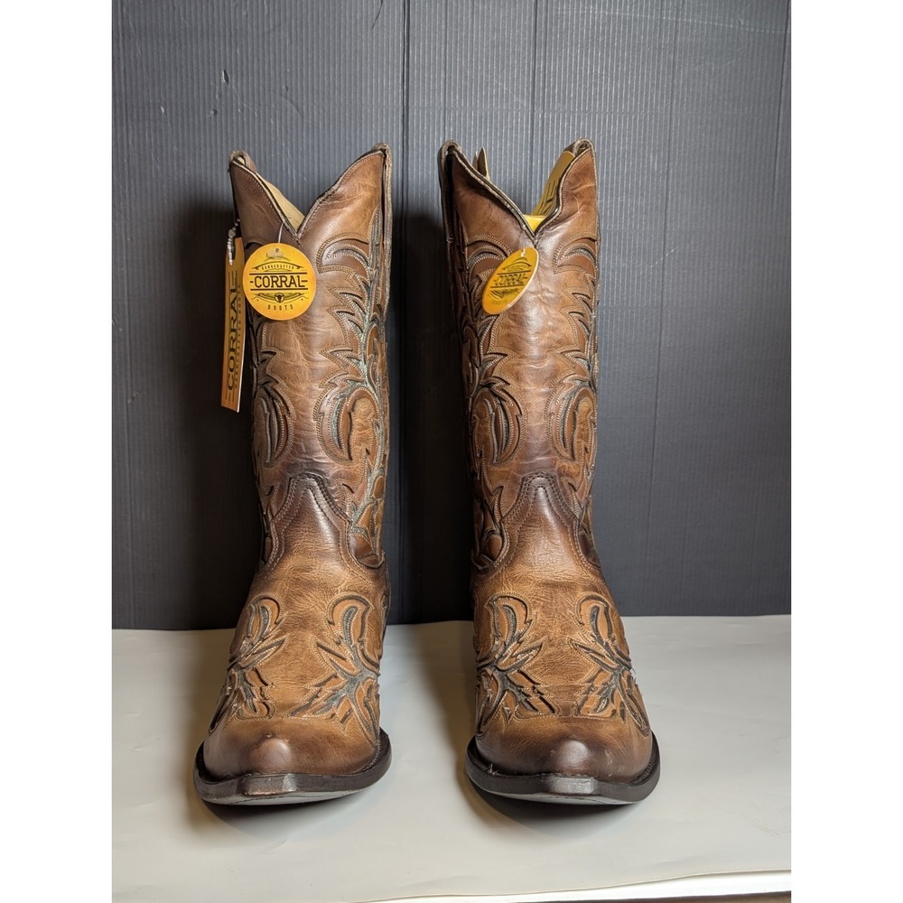 Corral Men's Boots Leather Inlay Western Honey Brown Rodeo Ranch Size 9.5 D